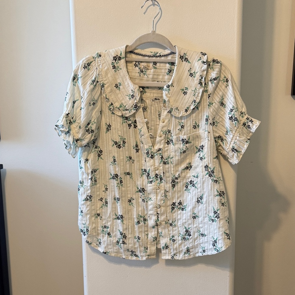Anthropologie Pilcro Cream Blouse with Black and Green Floral Print